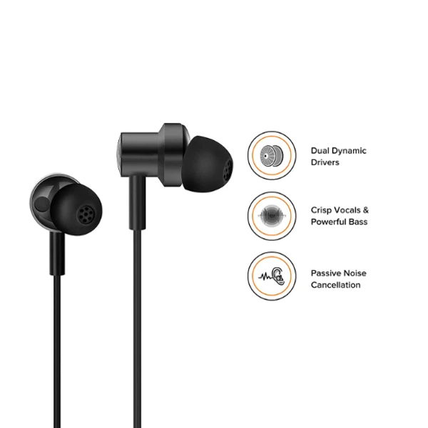 Mi Dual Driver in-Ear Earphones with Mic and Long Tangle-Free Cable(Black)